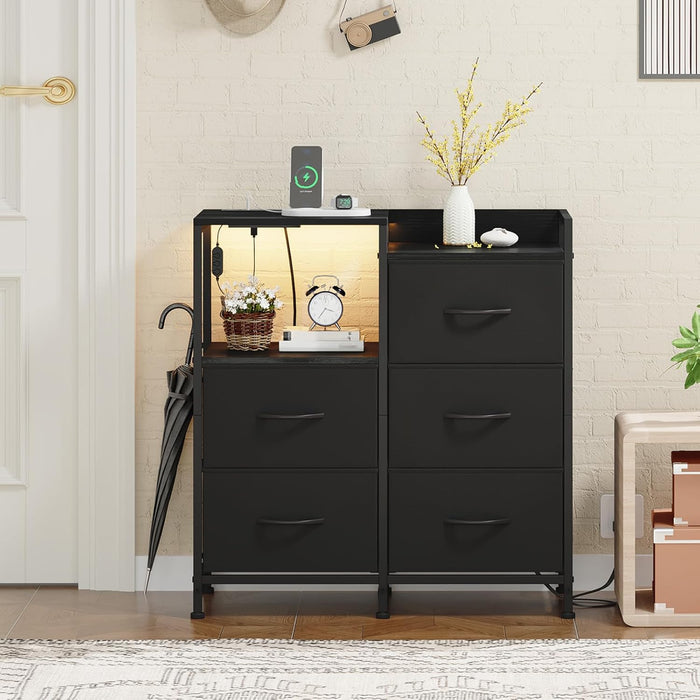 Black Nightstand with Charging Station and LED Light, Wide 5 Drawers Dresser for Bedroom with Fabric Bins and Open Shelf for Bedroom Kids Closet Dorm Guest Room, Black