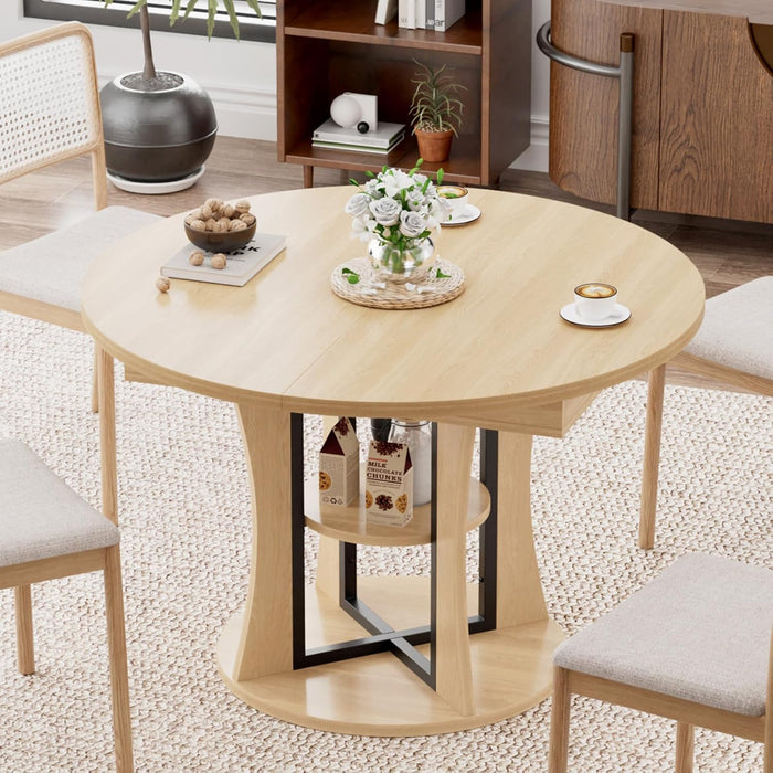 Extendable round Dining Table for 4-6-8, 43.3-59In Expandable Dining Table with Storage Shelf, Space Saving Circle Oval Kitchen Table with Leaf for Dining Room, Natural Oak