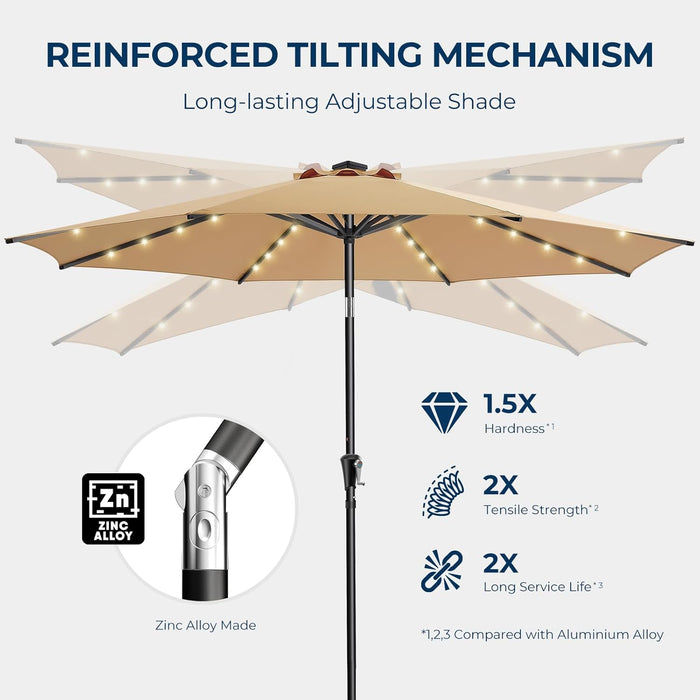 9Ft Solar Patio Umbrella - Solar Lights LED Lighted Outdoor Market Table Umbrella, UPF50+ UV Protection with Push Button Tilt, Crank for Pool Deck and Garden (Beige)
