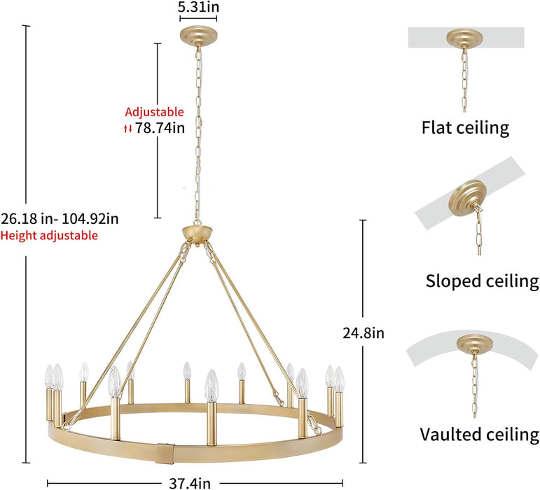 Gold Wagon Wheel Chandelier 37.4 Inch, 12-Light Large round Industrial Gold Farmhouse Chandeliers for High Ceilings Dining Room Living Room Foyer Entryway Outdoor Porch