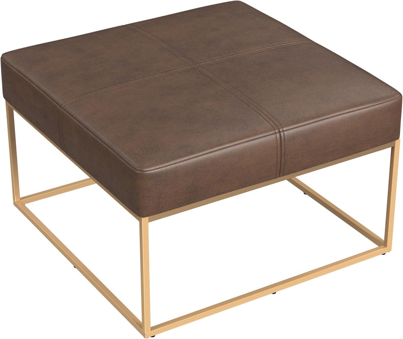 Decorative Large Square Gold Metal Ottoman | Ottoman Stool for Living Room & Bedroom | Decorative Home Furniture (Brown Faux Leather)