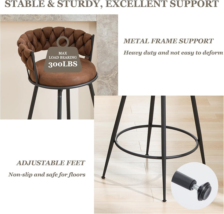 Swivel Bar Stools Set of 2, 28 Inches Modern Counter Height Bar Stools with Woven Back, Upholstered Suede Tall Barstools for Kitchen Island, Cafe, Dark Brown