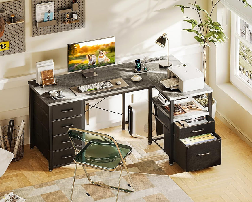 L Shaped Computer Desk with 6 Drawers & Power Outlet, 55 Inch Corner Desk with Reversible Storage Shelf & File Drawer, Home Office Desk, Grey Oak