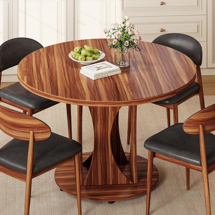 59" Extendable round Dining Table for 6-8, Kitchen Table with Sturdy Double Arc Base & Backboard Clasp Desktop, Mid-Century Modern Dinner Table, Kitchen Dining Room, Space Saving, Walnut