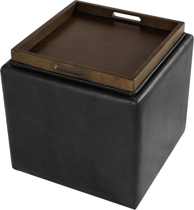 Home Decor Storage Ottoman with Tray Top|Upholstered Modern Square Storage Ottoman with Storage for Living Room & Bedroom, Black Faux Leather