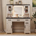 Farmhouse Vanity Desk with Mirror and Lights, Makeup Vanity Table with Charging Station, 45" Bedroom Table with 4 Drawers and Cabinets, 3 Lighting Modes, White