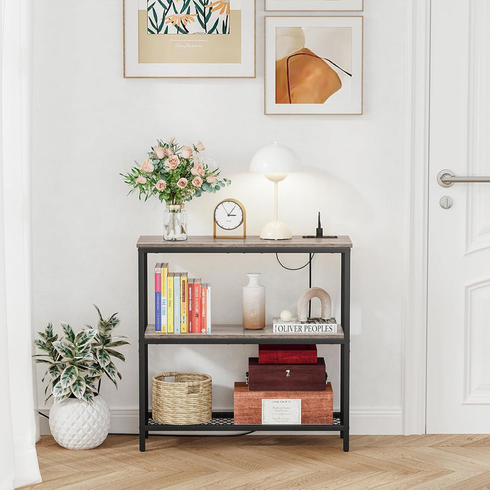 Console Table with Power Outlets, Entryway Table with Storage, Narrow Sofa Table with 3 Tier Shelves, 2 USB Ports, 2 Power Outlets, Hallway Table for Couch, Living Room, Entrance, Grey
