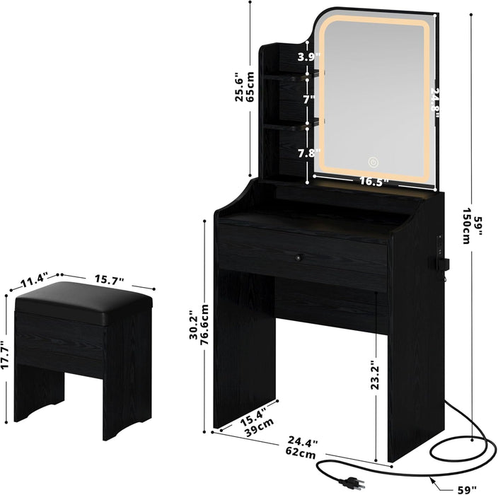 Black Vanity Desk With LED Illuminated MirrorStorage