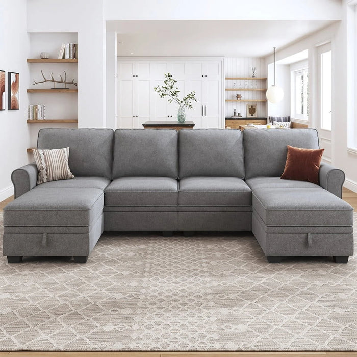 Modern Storage Sectional Sofa Couch U-Shaped with Storage Ottomans for Living Room Furniture Sets, Light Grey