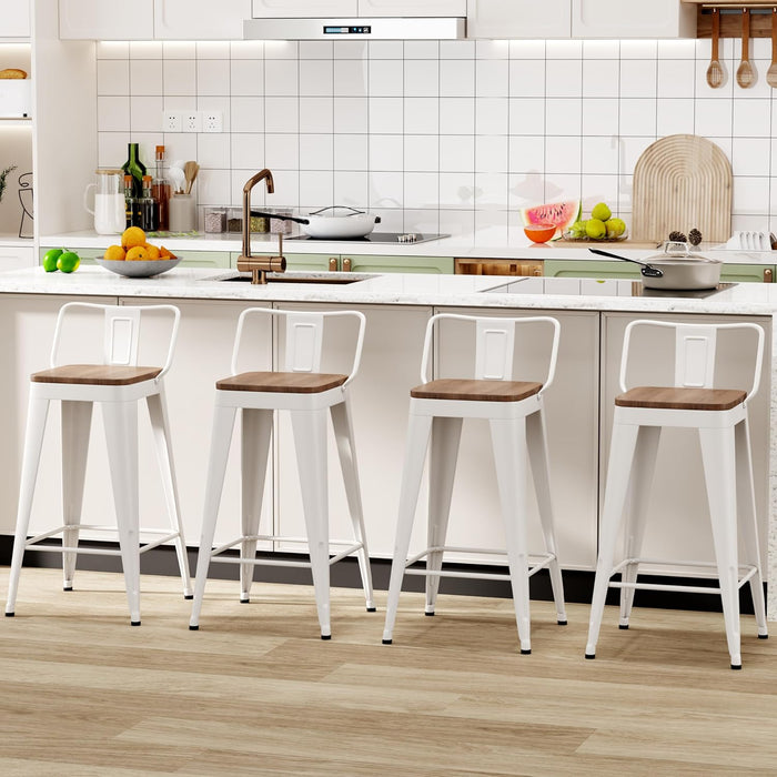 Bar Stools Set of 4 Counter Height Bar Stools Metal Barstools with Removable Back 26" Kitchen Bar Stools with Wooden Seat, White