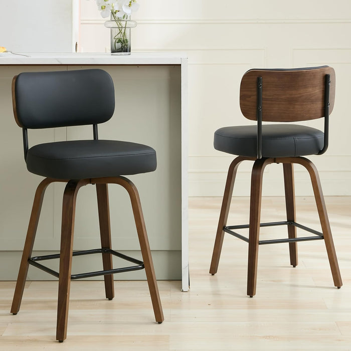 Swivel Bar Stools Set of 4, 26" Upholstered Counter Height Bar Stools with Back and Walnut Wood Legs, Faux Leather Barstools for Kitchen Counter, Black