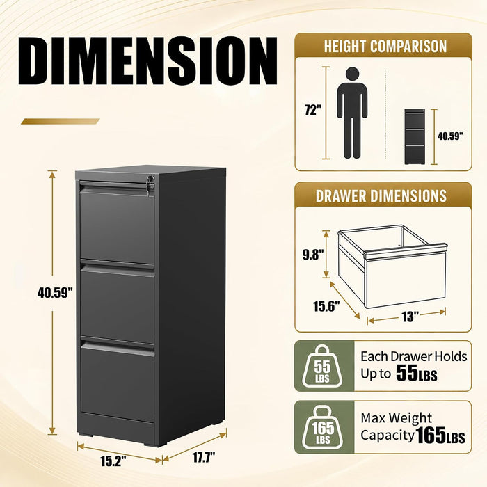 3 Drawer File Cabinet for Home Office, Vertical Filing Cabinet