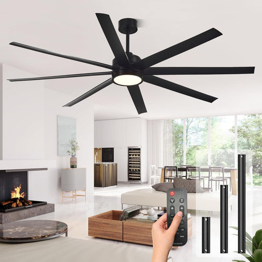 Modern Ceiling Fans with Lights, 72 Inch Ceiling Fan with Light and Remote, Bedroom Living Room Library Cafe Outdoor/Industrial,24W 3CCT Dimmable, 8 Blades 6 Speed Reversible Quiet DC Motor, Black