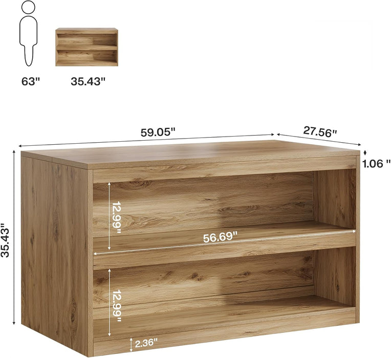 Tribesigns 59-Inch Kitchen Island with Storage, 3-Tier Farmhouse Stationary Island Table with Large Worktop & Seating Area, Rectangular Breakfast Counter for Kitchen, Dining Room, Light Wood