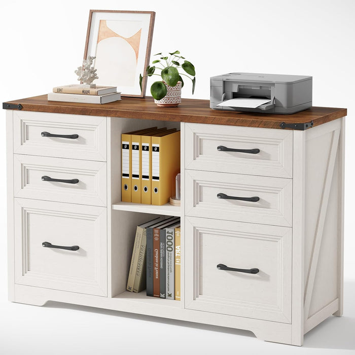 Farmhouse Lateral File Cabinet with 6 Drawers, Rustic White