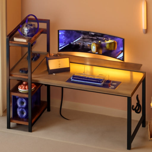 Reversible Gaming Desk with USB Charging Port and LED Lights, 40 Inch Computer Desk with Storage Shelves & Monitor Stand, Writing Study Table for Home Office, Small Space Bedroom, Rustic Brown