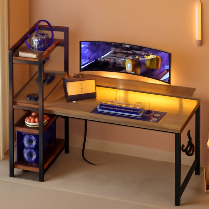 Reversible Gaming Desk with USB Charging Port and LED Lights, 40 Inch Computer Desk with Storage Shelves & Monitor Stand, Writing Study Table for Home Office, Small Space Bedroom, Rustic Brown