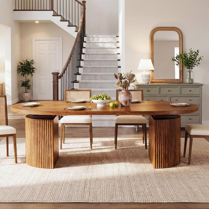 Extendable round Dining Table for 4-8, 39In-77In Long Large Kitchen Table with Fluted Base, Space Saving Modern Farmhouse Oval Dinner Tables for Dining Room, Kitchen, Living Room, Brown