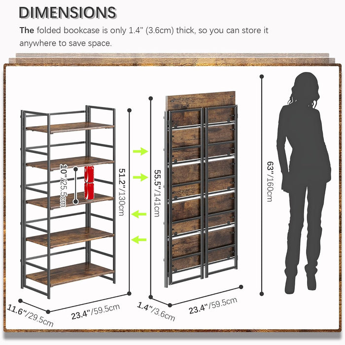 No Assembly 5 Tier Collapsible Book Shelves, 51.2" H X 23.6" W Folding Bookshelf Bookcase Open Industrial Foldable Shelf for Bedroom, Living Room, Home Office - Rustic Brown