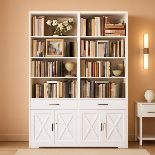 78" Tall Bookshelf with Doors, Double Wide Bookshelf with Storage Drawers, Large Bookcase with Cabinet and 8 Open Display Shelves, Farmhouse Wood Bookcase Book Shelf for Living Room, White