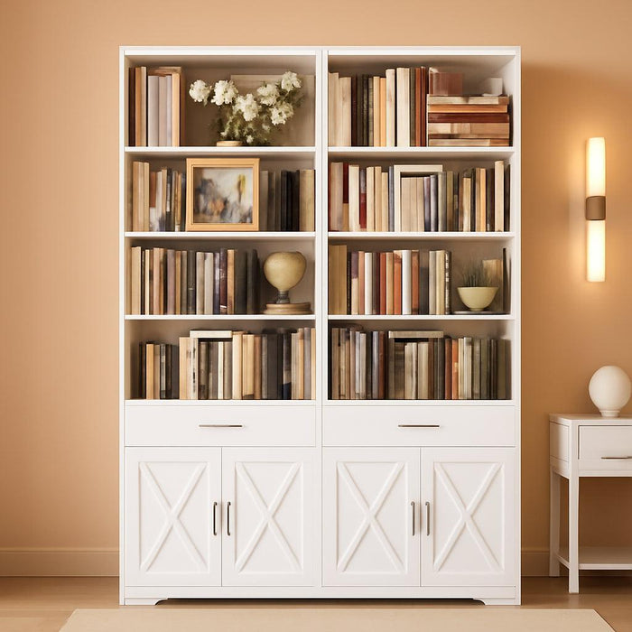 78" Tall Bookshelf with Doors, Double Wide Bookshelf with Storage Drawers, Large Bookcase with Cabinet and 8 Open Display Shelves, Farmhouse Wood Bookcase Book Shelf for Living Room, White