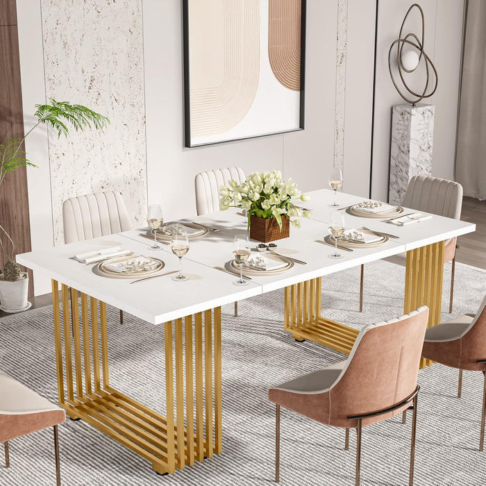Modern Dining Table for 6-8 People, 70.8 Inches Long White Room Kitchen, Wood Kitchen with Gold Metal Legs, Rectangular Dinner Room, Family Gathering