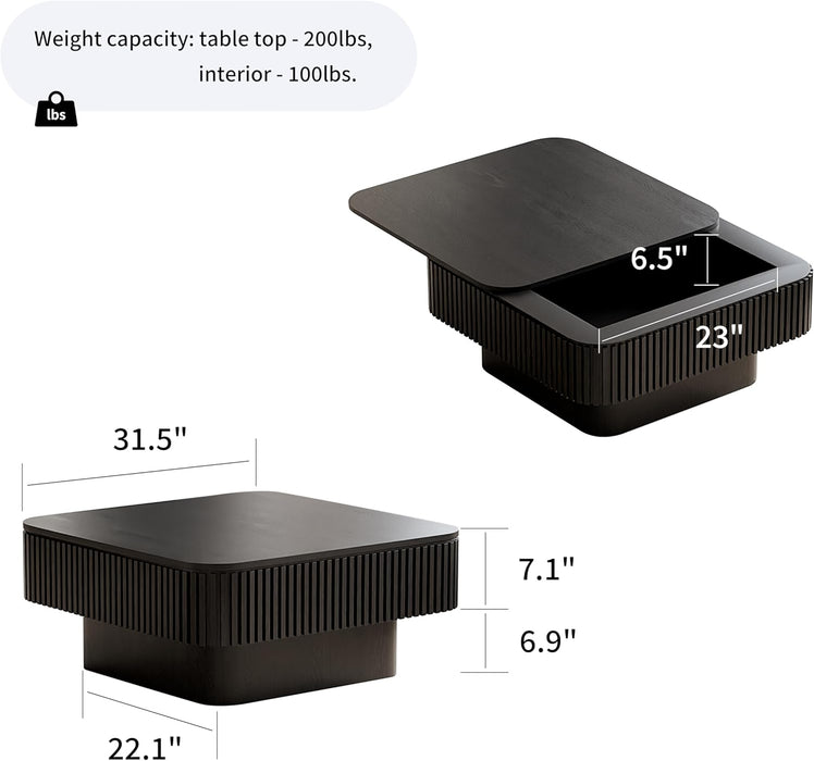 31.5 Inch Square Drum Coffee Table with Storage, Modern Handcraft Fluted Drum Coffee Table, Wooden Square Center Table Cocktail Tea Table with Sturdy Pedestal for Living Room Apartment (Black)