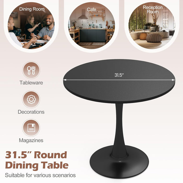 Black round Dining Table, 32" Modern Tulip Kitchen Table W/ 0.9” Thickened Tabletop & Sturdy Metal Pedestal, Mid-Century Leisure Table for Small Places, Dining Room, Living Room, Cafe