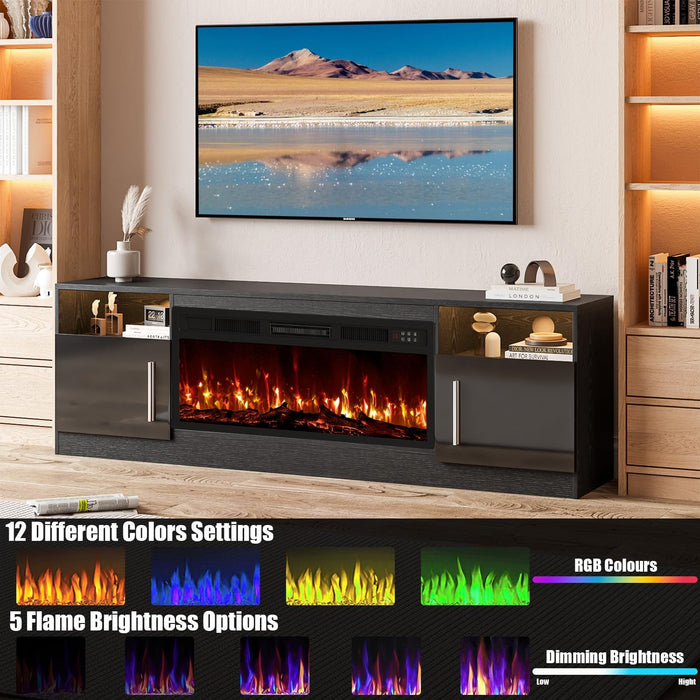 Fireplace with TV Stand 36" Inch Electric Fireplace up to 80" Tvs, LED Light Entertainment Center, 70" Modern Wood High Gloss with Highlight Storage Cabinet for Living Room (Black)