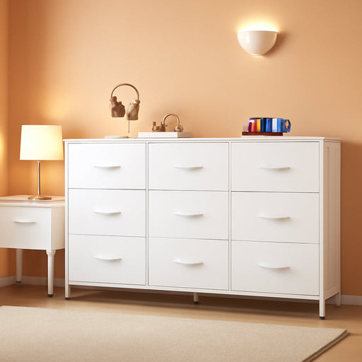47''W Dresser for Bedroom, White Dresser TV Stand for 45, 50, 55 Inch TV, Wide Chest of Drawers with 9 Drawer, Large Entertainment Center, Fabric Dressers with Wood Top for Closet, Living Room