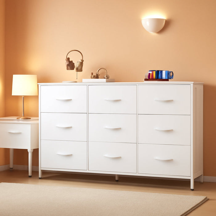 47''W Dresser for Bedroom, White Dresser TV Stand for 45, 50, 55 Inch TV, Wide Chest of Drawers with 9 Drawer, Large Entertainment Center, Fabric Dressers with Wood Top for Closet, Living Room