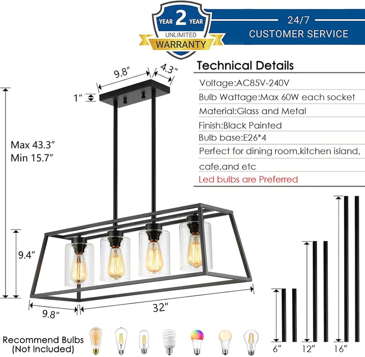 Black Farmhouse Chandeliers for Dining Room, Rustic Kitchen Island Light Fixture, 4-Light Linear Pendant Lights Kitchen Island with Glass Shade ，Apply to Dining Room Light Fixtures over Table