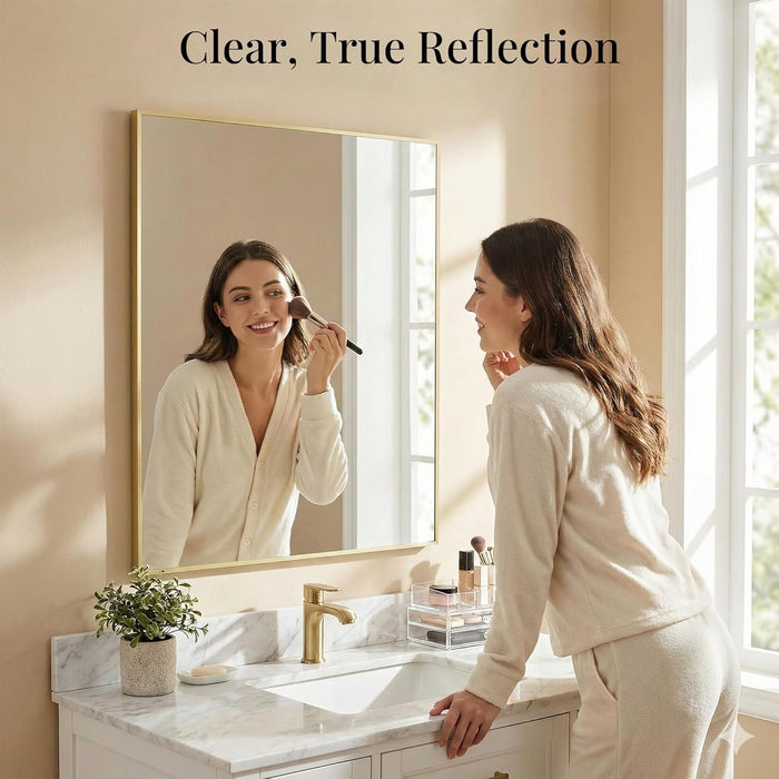 40"X30" Gold Bathroom Mirror for Wall, Shatterproof Tempered Glass, Brass Tone Rectangle Narrow Frame, H/V Wall-Mounted, Ultra-Flush