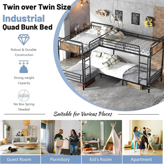 Quad Bunk Bed, Heavy Duty Metal 4 Bunk Beds for Kids with Ladders, Detachable Industrial L-Shaped Bunk Beds, Space Saving Design,Can Be Divided into 3 Twin Beds, Black