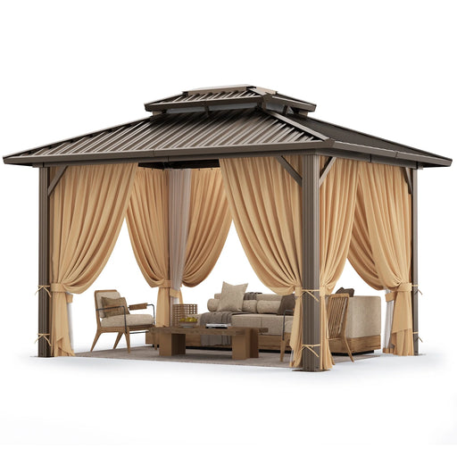 10X12 Hardtop Gazebo Aluminum Gazebos with Galvanized Steel Double Roof Metal Gazebo with Curtains and Netting Permanent Steel Gazebo for Backyard, Garden and Patio, Brown