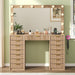 15 Drawers Fluted Vanity Desk with Glass Top, 47" Makeup Vanity with Large Mirror and 12 LED Lights, Dressing Table with Power Outlet for Bedroom, Natural