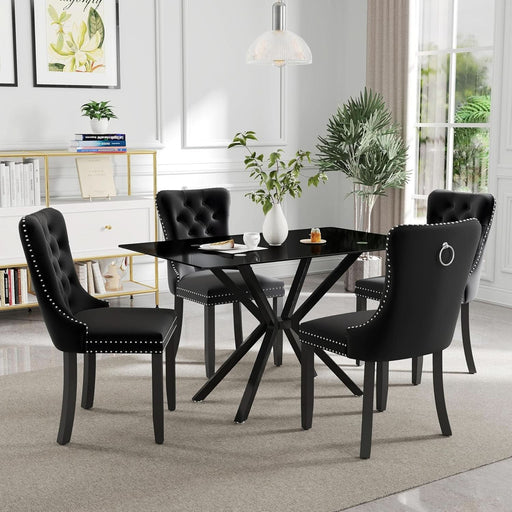 5 Pieces Modern Luxury Glass Dining Set, Minimalist Rectangle Dinner Room Set for 4, 47'' Black Glass Top Kitchen Table Set with Black Tufted Chairs, for Small Apartment Home