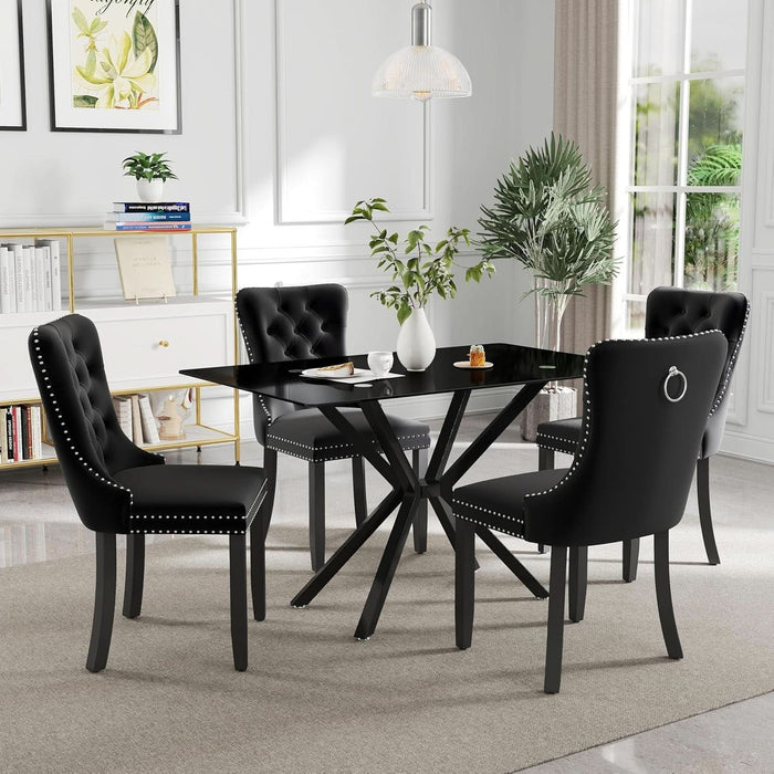5 Pieces Modern Luxury Glass Dining Set, Minimalist Rectangle Dinner Room Set for 4, 47'' Black Glass Top Kitchen Table Set with Black Tufted Chairs, for Small Apartment Home