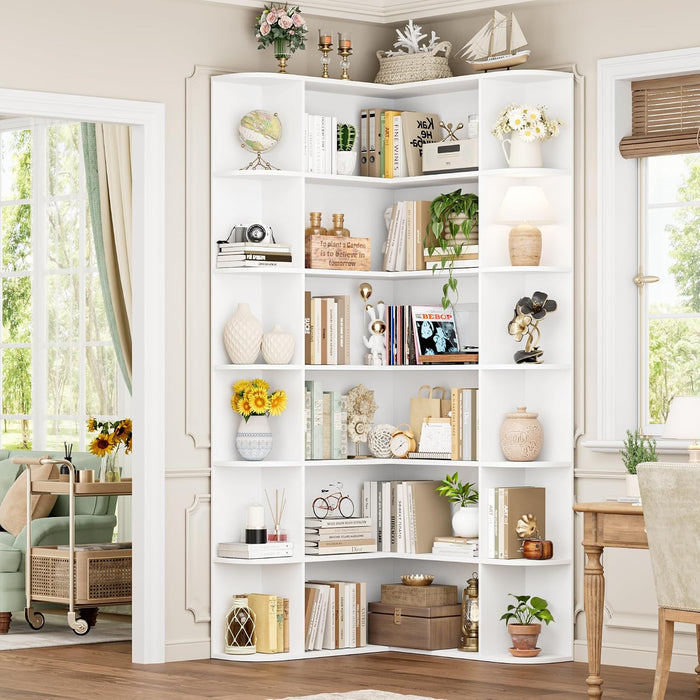 72" Tall Corner Bookshelf, 6-Tier Bookshelf and Bookcase, White | Space-Saving Book Shelf with Open Storage, L Shaped Corner Bookcase for Home Office, Thickened Boards for Heavy Duty