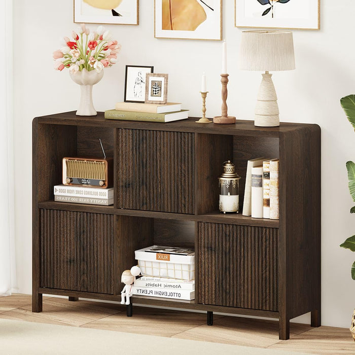 6 Cube Storage Organizer Book Shelf, Horizontal Bookshelf with 3 Doors, 3 Tier Wooden Bookcase for Living Room, Home Office (Dark Walnut)