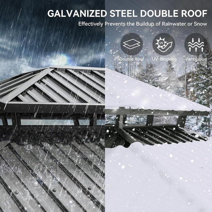 12X18FT Meatl Hardtop Gazebo Metal Double Roof Canopy Galvanized Iron Aluminum Pillar Garden Tent Curtains Netting for Patios Backyards Decks Lawns