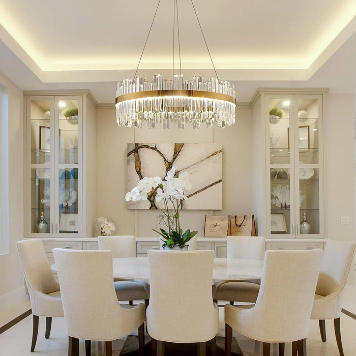 Gold Modern Crystal Led Chandelier,Round Drum Chandelier over Table | 23.6" Dimmable Led Golden Luxury Chandelier,K9 Crystals Height Adjustable Chandelier for Dining Room Living Room Bedroom