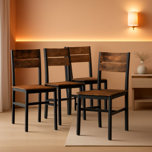Dining Chairs Set of 4, Rustic Wooden Kitchen Chairs with Backrests and Metal Frame, Modern Farmhouse Dinner Chairs for Kitchen, Easy Assembly, Living Room, Dining Room, Rustic Brown and Black