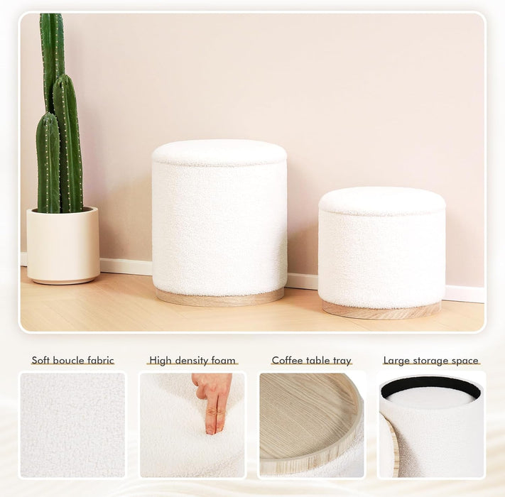 round Ottoman with Storage Set of 2, Vanity Stool with Tray Storage for Bedroom, Small Teddy Velvet Foot Rest Stool Ottoman for Living Room, Dorm (White)