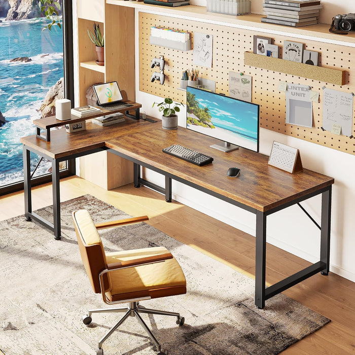 53" L Shaped Computer Desk, Outlets, Monitor Stand, Rustic Brown