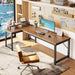 53" L Shaped Computer Desk, Outlets, Monitor Stand, Rustic Brown