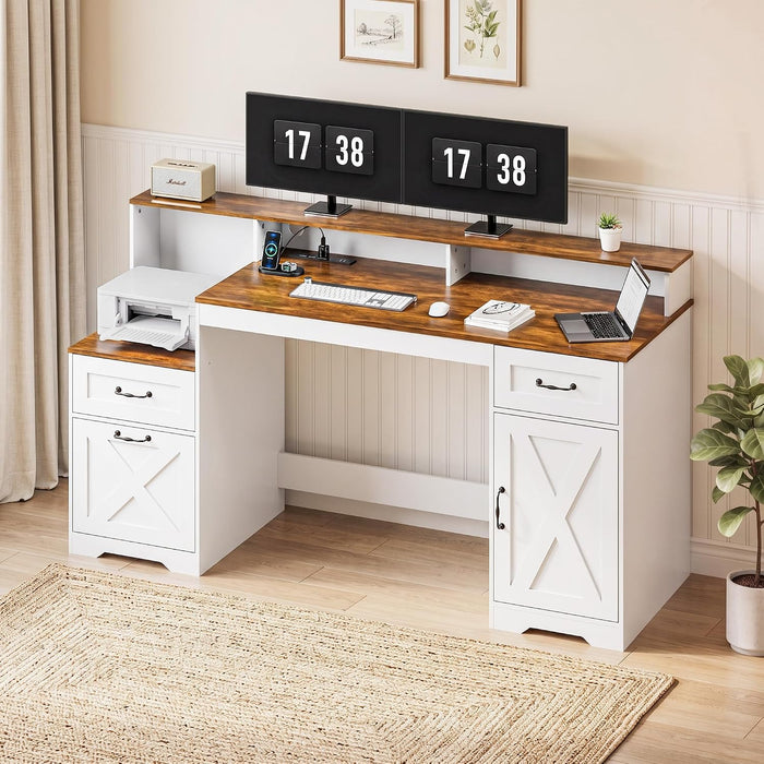 63 Inch Farmhouse Computer Desk with Drawers & Power Outlets, Large Desk with Monitor Stand & Printer Shelf, Modern Office Desk Workstation with File Cabinet for Home Office, Brown & White