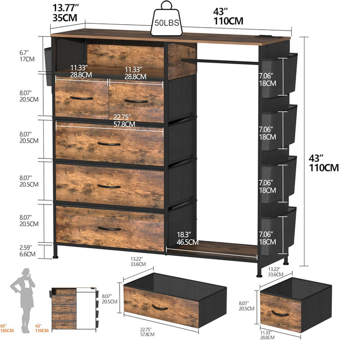 Dresser for Bedroom with Clothes Rack Side Pockets 5 Drawer Dresser with Charging Station LED Lights Black Storage Chest of Drawers for Hallway Closet Sturdy Steel Frame Wood Top (Brown)