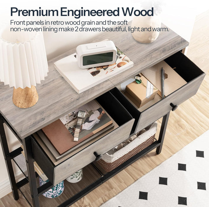 29.5" Narrow Console Table with 2 Fabric Drawers, Sofa Table, Small Entryway Table with 3-Tier Storage Shelves, behind Couch Table, for Living Room, Hallway, Greige and Black BG72XG01
