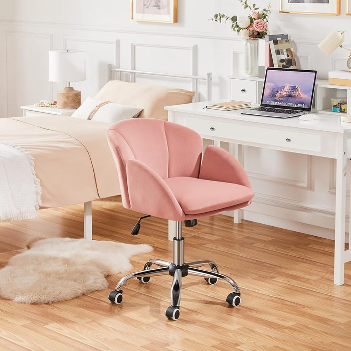 Pink Desk Chair Cute Velvet Chair for Home Office, Vanity Chair with Wheels Armrests Modern Swivel Rolling Chair for Bedroom